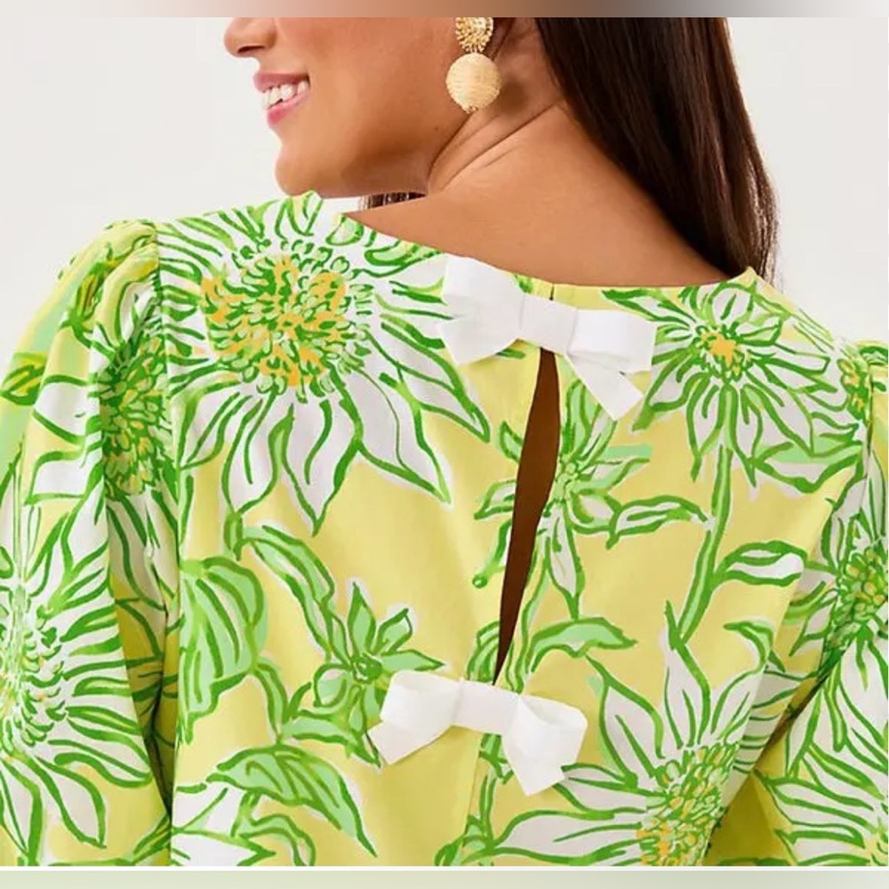Lilly Pulitzer Hisli Top Bows Limoncello Sunbelievable Poplin Women’s Size XXS - Picture 2 of 10